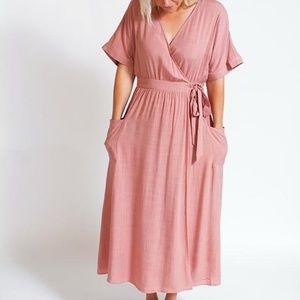 Linen Blend Wrap Dress in Blush